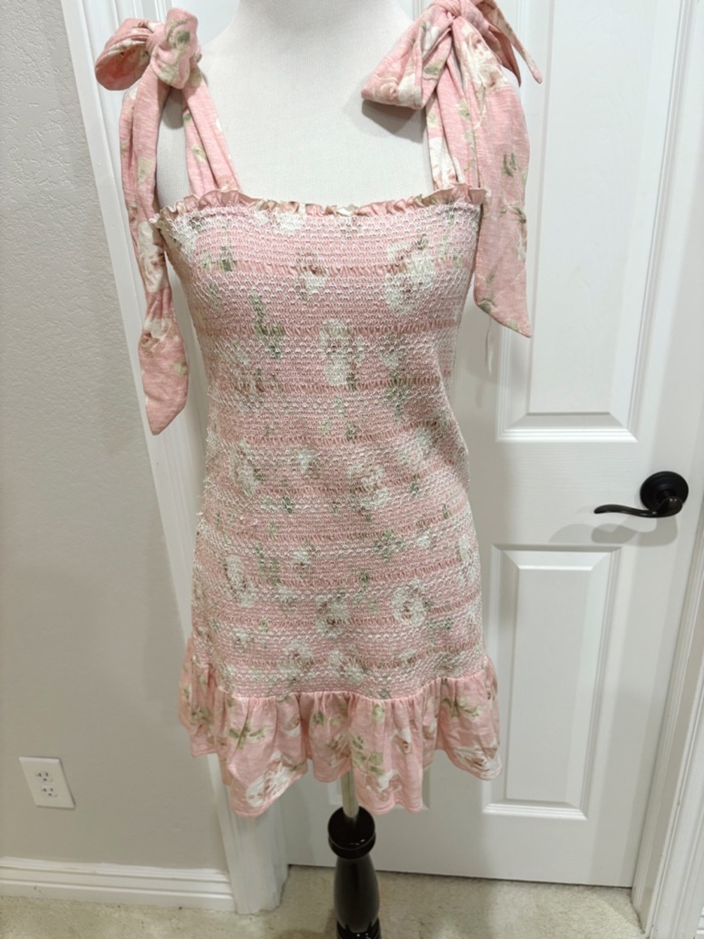 NWT LoveShackFancy Pink Norna Dress Ballet Pink Floral Tie-Shoulder Dress Large - Picture 2 of 11